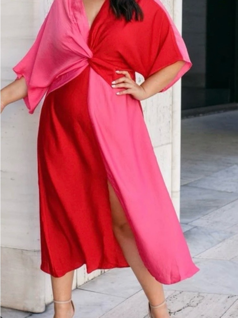 Twist-Front Red & Pink Midi Dress